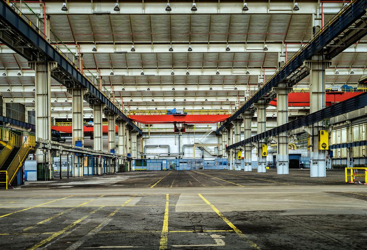 Industrial factory hall with structural framework